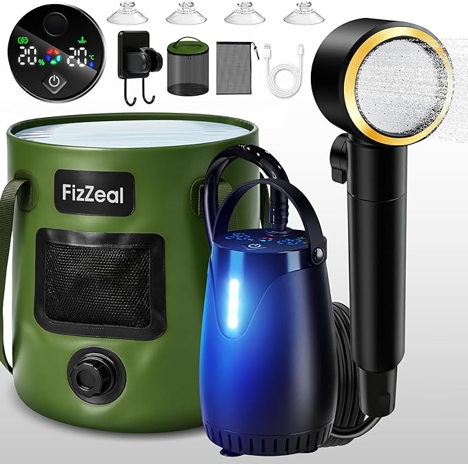 FizZeal Portable Shower for Camping, 8000mAh Rechargeable Portable Camping Shower Pump with 6.6 Gallons Foldable Bucket, 5 Speed & LED Display,Rinse Kit Portable Outdoor Camping Travel Shower Head