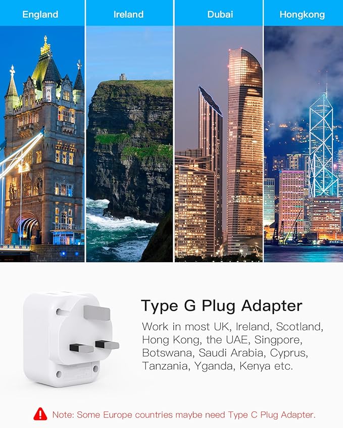 HANYCONY US to UK Ireland Travel Plug Adapter, Type G Travel Adapter 2 Outlets 3 USB Ports(2USB C), UK Power Adapter Converter for USA to Dubai England London Scotland British Kenya Irish Hongkong