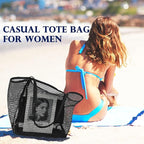 Fammart Mesh Beach Bag, Large Beach Tote with Zipper Pocket, Toys Pool Bag for Family Travel Vacation Cruise Essentials