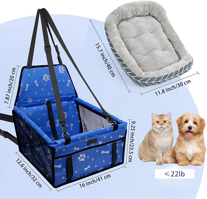 Dog Car Seat Foldable Dog Car Booster Seat Waterproof Breathable Oxford Travel Bag for Small to Medium Dogs, Puppies, and Pets-Pattern Blue+Mat