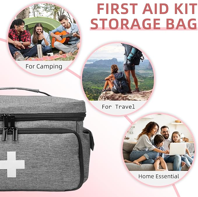 ALSLEA First Aid Bag Empty, Small Medicine Bag Portable Medical Supplies Organizer for Travel, Home, Office, Car, Outdoor, Camping, Hiking (Gray)