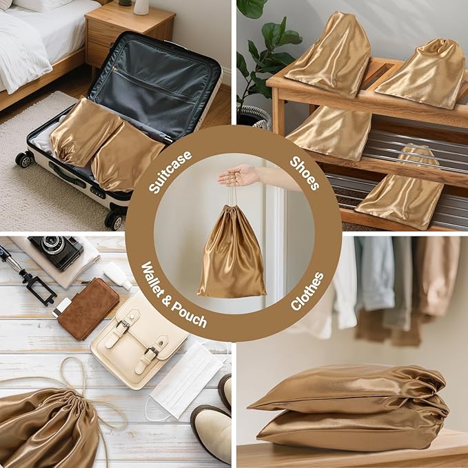 Ewen Pack of 12 Drawstring Dustbags with Blank Tag, Small Medium Large Satin Storage Pouch Dustproof for Travel Essentials, Silk Dustbag Packing Bag for Closet Home Storage Shoes Handbags Organization