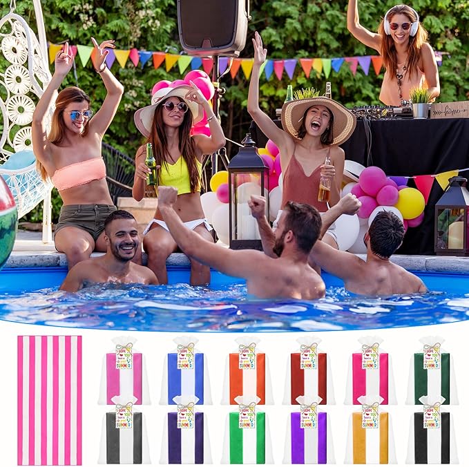 Hahafelt 12 Sets Striped Beach Towels Summer Gift Set 30" x 60" with Cards Organza Bags & Jute Rope, Quick Dry Large Pool Bath Towels Multi-Color for Summer Beach Gifts Swimming Pool Travel Hotel