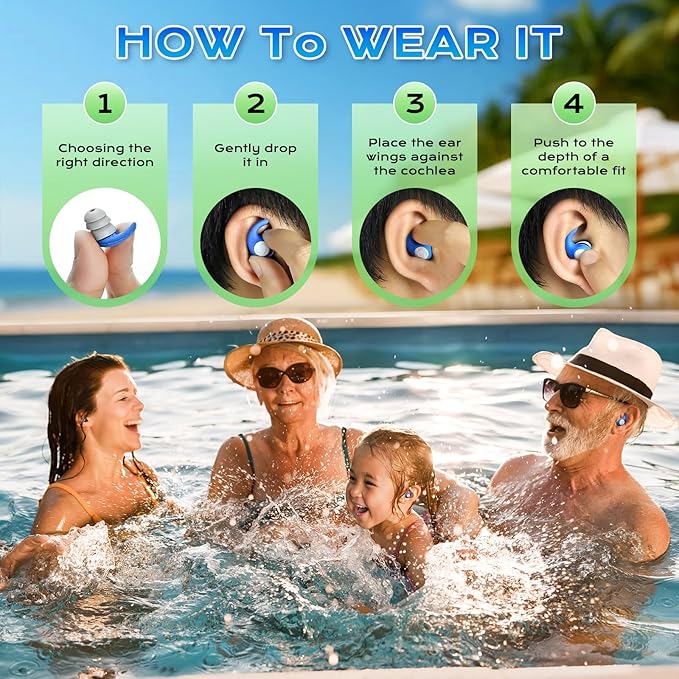 Waterproof Swimming Ear Plugs for Adults - 3 Pairs of Reusable Soft Silicone Swim Earplugs,Perfect for Surfing, Diving,Pool,Showering and Other Water Sports - Keep Water Out and Ear Protection