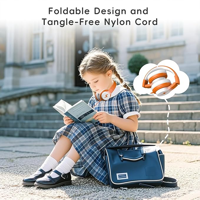 Candy Bila Kids Headphones, Wired Headphones for Kids Over Ear with Microphone, 85/94dB Volume Limiter Headphone for Girls Boys, Foldable Headphone for Learning & Entertainment, White and Orange