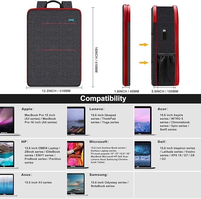 ZINZ Slim & Expandable Laptop Backpack 15 15.6 16 Inch Case, Water Resistant Travel Backpack Compatible with MacBook Pro/Neo 16" 15", Dell XPS 15 16 and Most 15" 15.6" 16" Notebooks，B01RD01