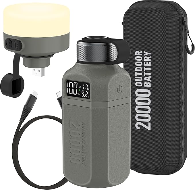 20,000mAh Rugged Power Bank with Fast Charge USB-C PD, IP68 Waterproof Shockproof, Includes 420lm Bright Camping Lantern, Tactical Outdoor Charger for Hiking Camping Survival Emergency（Grey）