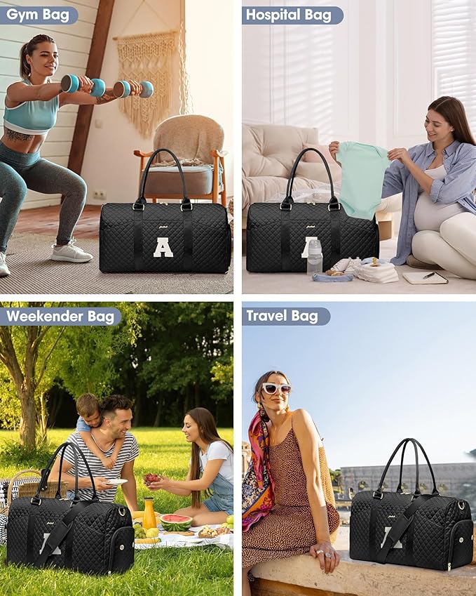 Women Weekender Travel Duffle Bag: Initial Duffel Overnight Bags with Shoe Compartment Large Carry on Tote with Toiletry Bag Weekend Traveling Yoga Gym Hospital Bag for Women with Wet Pocket Letter A