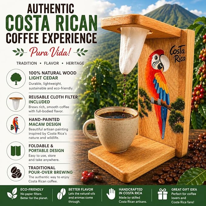 Tapanti store.Chorreador,Costa Rican handcrafted foldable wooden pour-over coffee maker.Includes a reusable cloth filter.Hand painted Macaw wooden design.Light Cedar.Perfect for travel (Red)