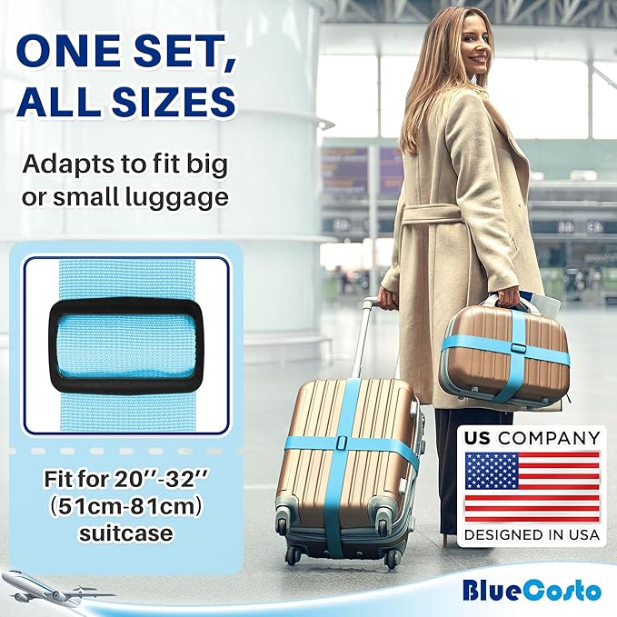 Luggage Straps for Suitcases - TSA Approved - Blue, 4 PK - Premium Nylon Belts for Suitcase, Briefcase & Travel Bag - Adjustable Strap Length 46" - 78"