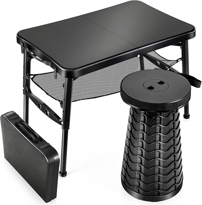 KPR Retractable Small Folding Table and Stool Set, Portable Camping Foldable Table Lightweight Yet More Sturdy with Adjustable Stool for Outdoor Picnic, Beach, Camp, Also Ideal as Laptop Bed Desk