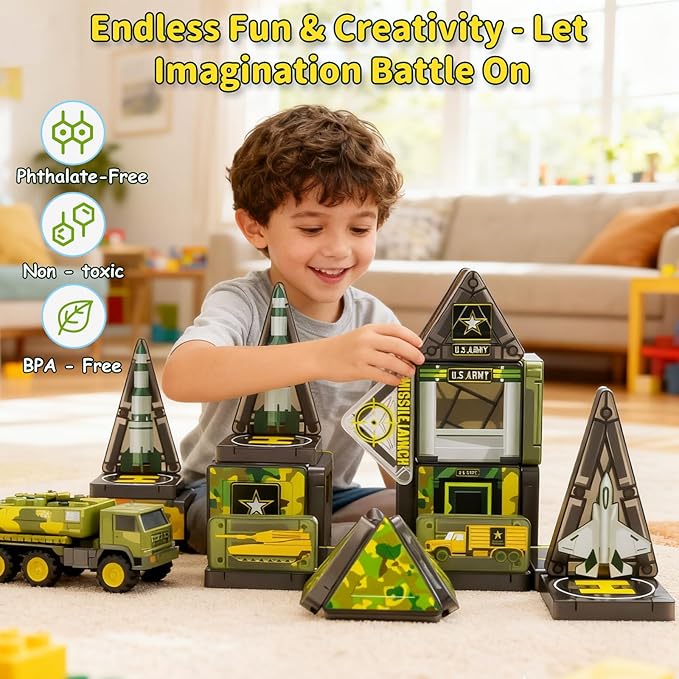 Magnetic Tiles,42PCS Magnetic Building Blocks with Metal Storage Box,Magnet Tiles for Kids Ages 3+,Magnet Tile for Boys & Girls(Military)