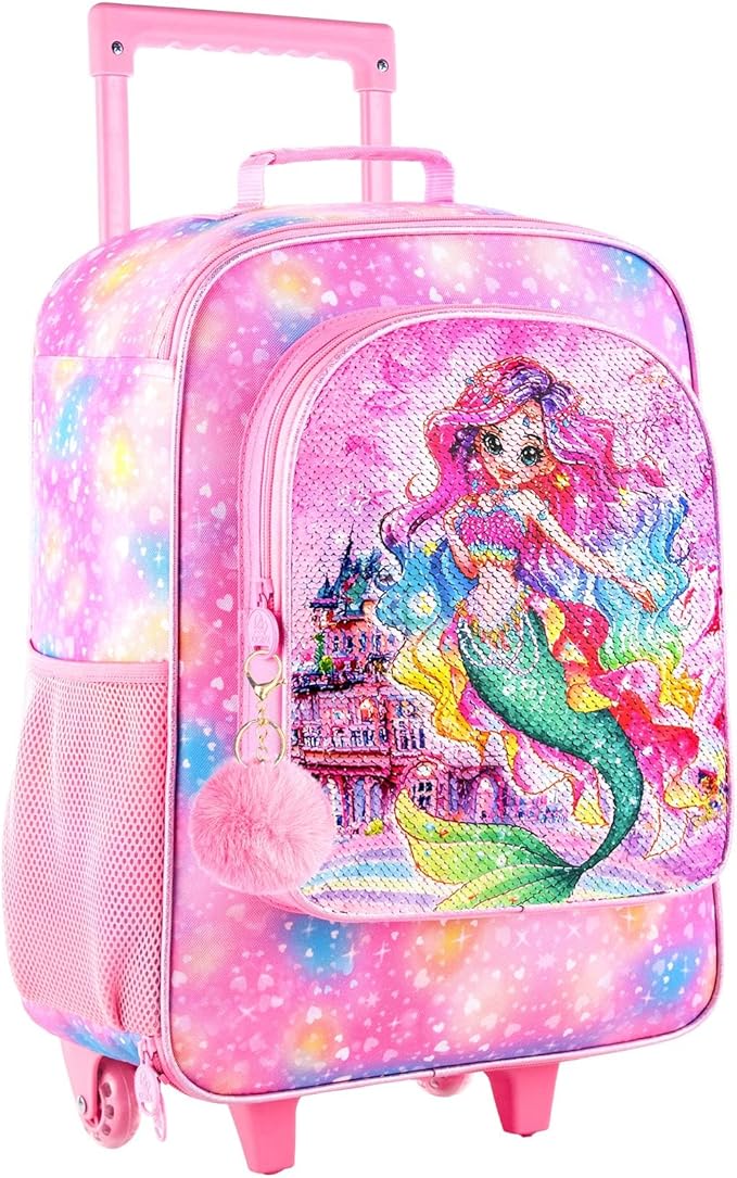 HPJGD Girls Suitcase, Kids Sequins Rolling Luggage, Cute Mermaid Travel Carry on for Elementary Preschool Toddler