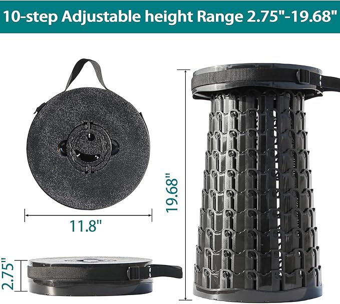 ALEVMOOM 2025 XXL 19.7" Collapsible Stool with Cushion, Capacity 1000lbs Portable Stools for Adults Heavy Duty, Adjustable Height Telescoping Folding Stool, for Outdoor Camping Travel Hiking Fishing