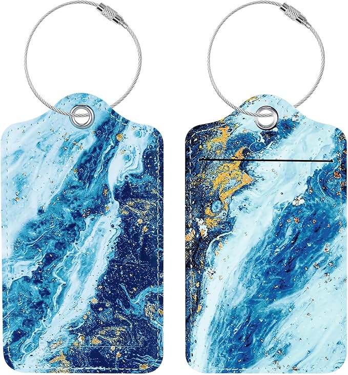 Luggage Tags for Suitcases, 2 Pack Cute PU Leather Suitcase Tag Identifiers TSA Approved with Stainless Steel Loop and Address Card for Baggage Tag for Travel Essentials Sandy Wave, by Chelmon