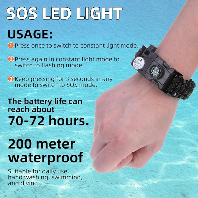 Survival Bracelets, Paracord Bracelets (2 pcs) with Loud Whistle Light Flint, Adjustable Compass Bracelet for Outdoor Camping Hiking Fishing Hunting, Multitools Tactical Gear, Bearable 300 lb