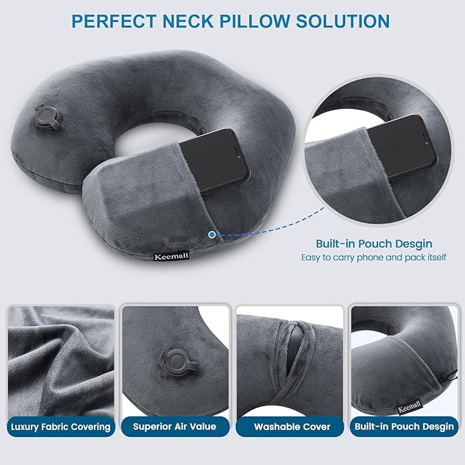 Keemall Inflatable Travel Neck Pillow, Super Soft Plane Neck Support Pillow for Travel Ariplane Sleep Support, Adjustable Neck Cushion Headrest Pillow, Folds Up Nicely, Black Grey