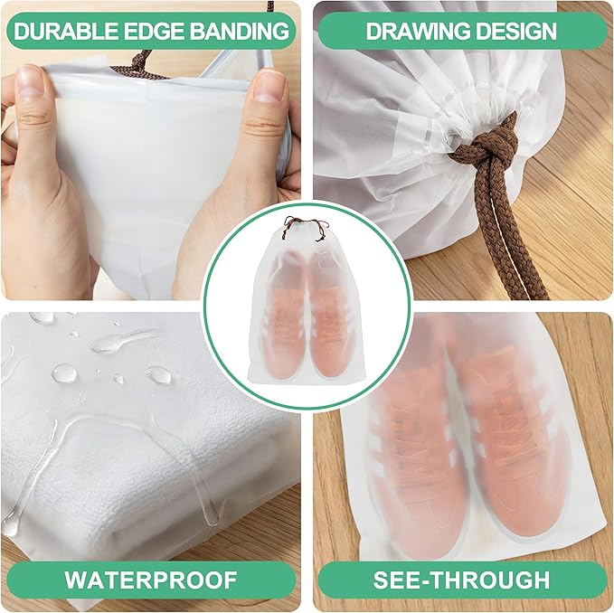 KLASIT Shoe Bags for Travel,Large Waterproof Portable Drawstring Clear Shoe Bags,Travel Essentials for Men and Women,15.7 x 11.8 inches, 5 PACK