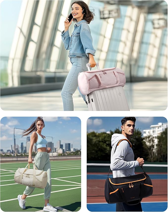 BAGSMART Gym Bag for Men & Women, Lightweight Duffel with Shoe Compartment, Weekender Bags with Wet Pocket, Workout Overnight Carry on for Travel, Beige