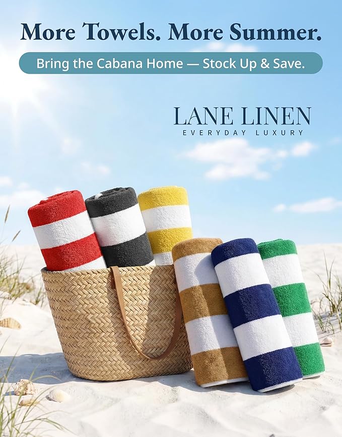 LANE LINEN Beach Towels 6 Pack - 520 GSM Beach Towel (30" x 60") – 100% Cotton Soft, Thick & Highly Absorbent Pool Towels for Hotel Airbnb Spa - Quick Dry Cabana Stripe Large Towel - Tropical Escape