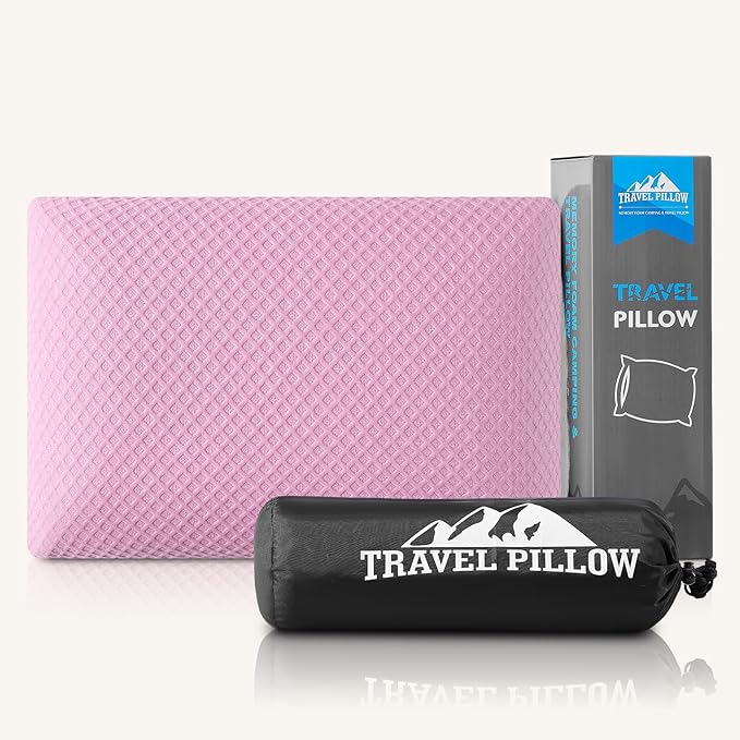 Travel Pillow Memory Foam Pillows, Camping Pillow-Compressible Medium Firm, Breathable Cover, Ideal Backpacking Hiking, Bed Pillows, Airplane and Car (Apricot Pink, M)