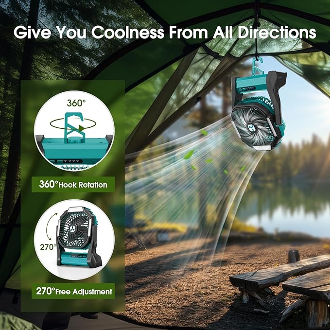 Portable Rechargeable Fan, 20000mAh Cordless Battery Powered Camping Tent Fans with LED Lantern, Small USB C Operated Outdoor Ventilador for Travel Camp Fishing Picnic Bedroom Power Outage Emergency
