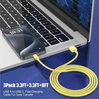 3-Pack Yellow [3.3FT+3.3FT+6FT] USB A to USB C Cable，USB to USB C Car Carplay Cable for iPhone 16 15 Pro Plus Pro Max，for iPad Pro/Air/Mini，for Samsung S24/S23/S22/S21，for MacBook Pro/Air and More