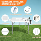 Folding Fish Cleaning Table with 2 Sinks, 42.5'' Portable Camping Sink Table with Foldable Faucet, Drainage Hose, Sprayer, Storage Box,Drawer & Grooves, Outdoor Fillet Station for Picnic, White