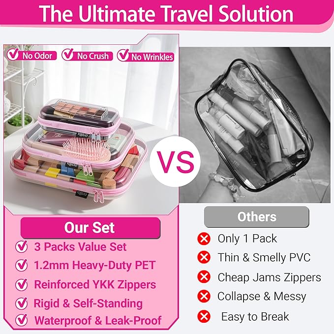 YQBRAO 3-Pack Clear Hard Shell Zipper Case Pink, 1.2mm Heavy-Duty Crush-Proof Travel Makeup Bag, Multi-Size (L+M+S) Diaper Bag Organizer Pouches, Rigid Clear Zipper Pouches for Tech, Toys & Home
