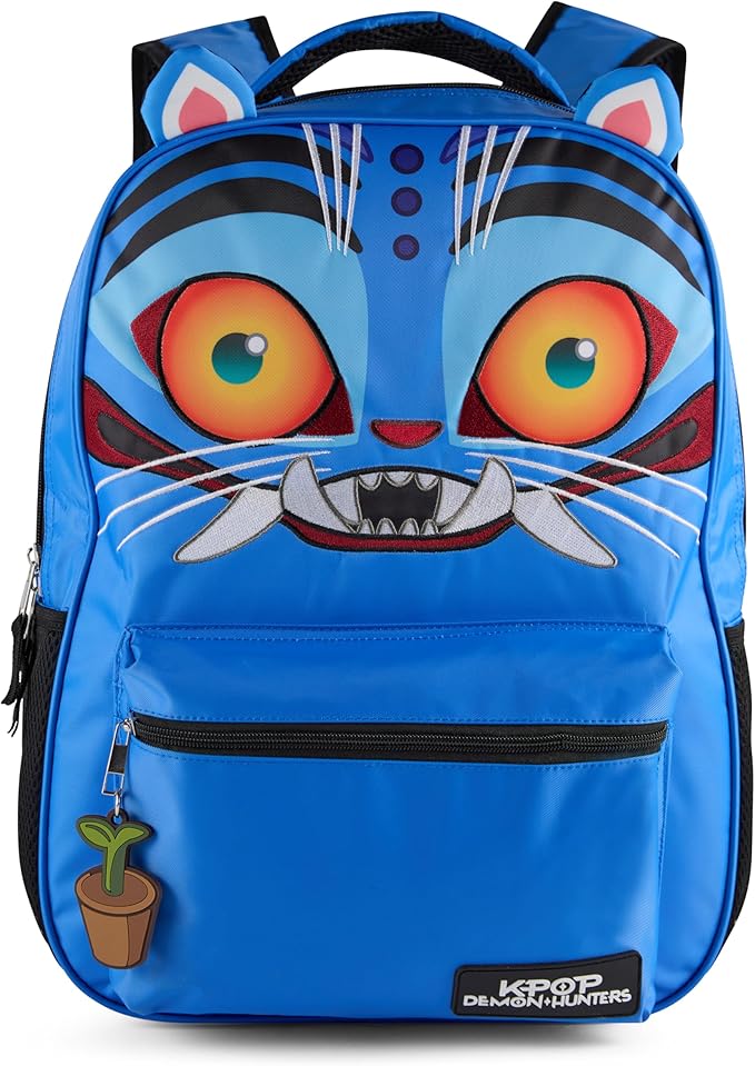 AI ACCESSORY INNOVATIONS K-Pop Demon Hunters 16” Backpack for Girls, Featuring a Big Face Derby with 3D Ears and Embroidery, Rubber Molded Bag Charm, Derby