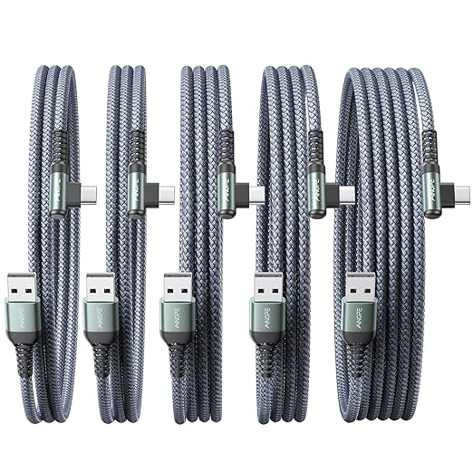 AINOPE USB C Charger 5-Pack [10/6.6/6.6/3.3/1.6ft] 3.1A Fast Charging, Right Angle, Nylon Braided, Compatible with Galaxy S22/21 Note20, LG V20