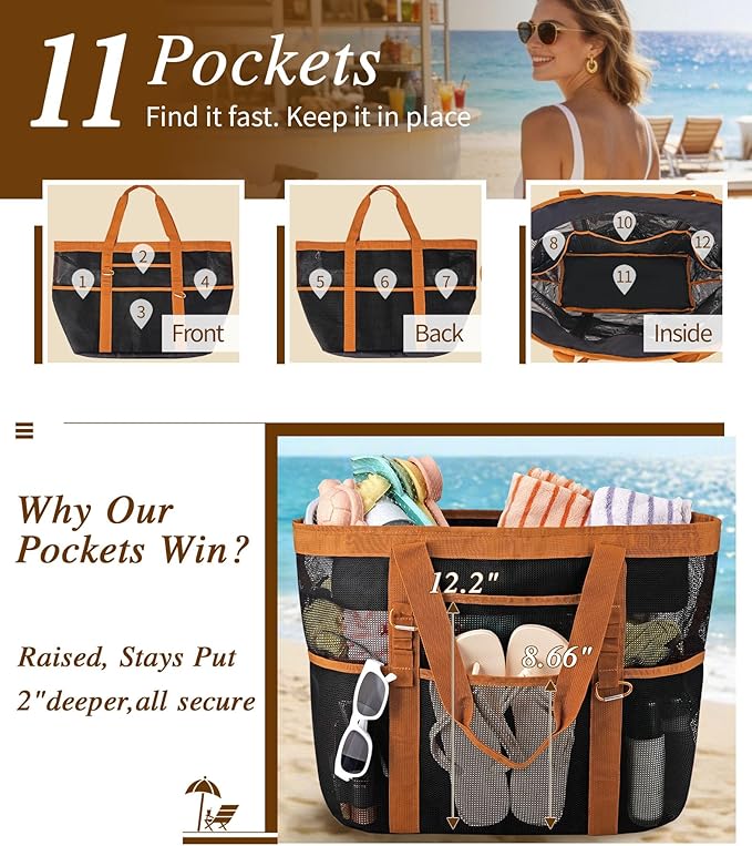 2026 Stylish & Spacious XX-Large Beach Bag for Women – Mesh × Canvas Tote with Top Zipper, 11 Tall Pockets | 40L+ Spacious, 11 Tall Pockets, Zipper Pouch, Secure Zip-Top, Sand-Resistant Base