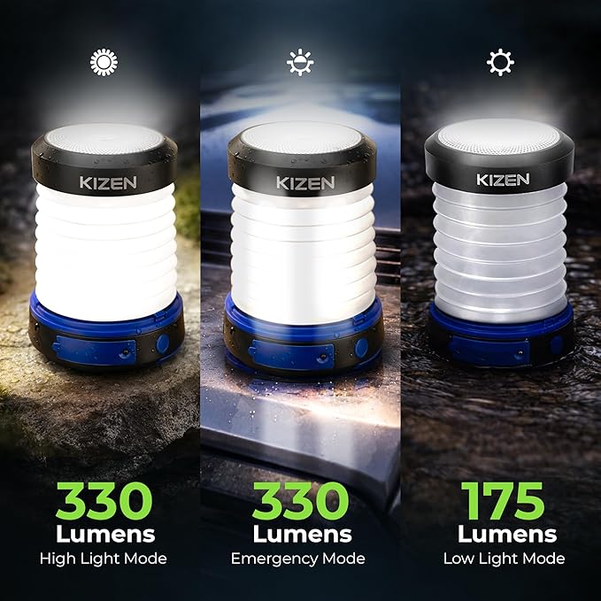 Kizen Outdoor Solar Lantern - Solar or Plug Rechargeable Lantern - Collapsible LED Light for Power Outages - Camping Essential Lamp for Tent Light, Hanging, or Flashlight