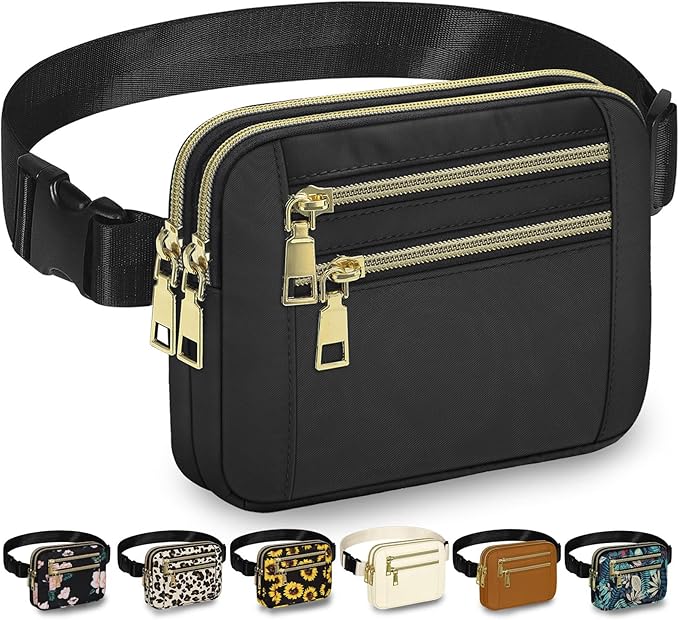 Capolo Fanny Packs for Women Fashion Waist Packs Bag with Adjustable Strap and 4 Zipper Pockets Waterproof Everywhere Crossbody Belt Bag for Workout Running Travelling(Black, Large)