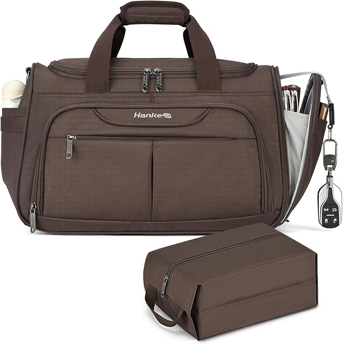 Hanke Large Capacity Travel Duffel Bag, Carry On Luggage with 12 Pockets, 17 Inch Laptop Compartment, Wet Dry Separation & Independent Shoe Bag, Lightweight Foldable Duffel Bag for Women Men（Coffee）