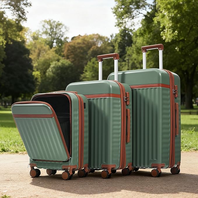 Merax 3 Piece Luggage Set ABS Hardside Suitcase Sets with Spinner Wheels and TSA Lock, 20 inch with Front Opening Design and USB Port, 20" Airline Certified Carry-on Luggage, 20" 24" 28", Green