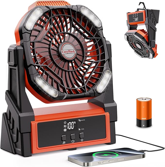 Camping Fan Rechargeable, Battery Powered Fan with Lights, Outdoor Beach Tent Fans, 4 Speed, Adjustable Brightness for Picnic, Barbecue, Fishing, Office, Home