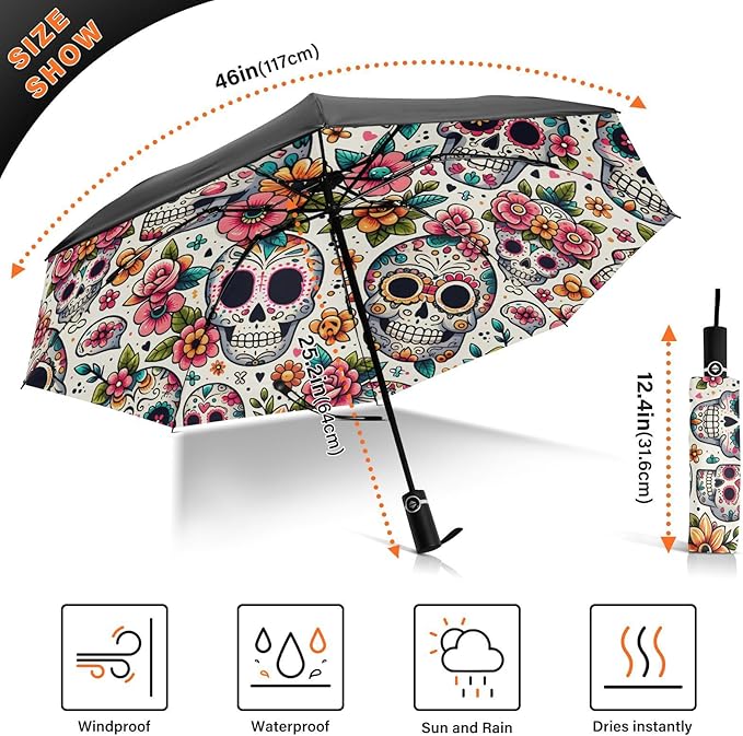ALAZA Folding Umbrella Sugar Skulls Day Of The Dead Compact Travel Umbrella Automatic Open Close, Inverted Umbrellas for Rain Windproof Sun Umbrellas UV Protection Large Portable Reverse