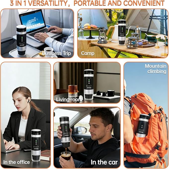 Portable Electric Espresso Machine with Removeable Battery, Mini Travel Coffee Maker, 3-in-1 Car Coffee Maker Self-Heating with USB-C for RV Hiking Office Camping (Ground Coffee & Capsule Compatible)