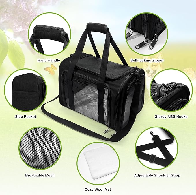 Dog Carrier for Pets, Up to 25 Lbs, Collapsible Travel Carriers for Puppy with Shoulder Strap and Removable Mat, 20x13x13 Inch, Black