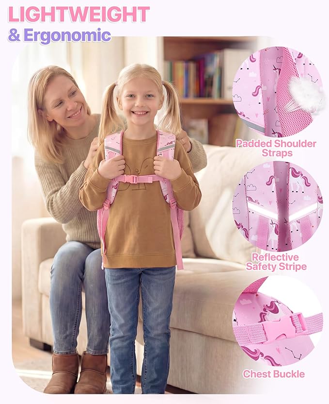 VASCHY Girl Kids Backpack & Lunch Bag Set, 2-in-1 School Bookbag with Insulated Lunch Box for Preschool, Daycare, Kindergarten & Elementary School – Pink Unicorn
