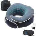 Proglobe Orthopedic Neck Pillow Travel Neck Pillows for Airplanes, Memory Foam Kit, Updated Resting Material, Airplane Travel Set with 3D Contoured Eye Masks, Earplugs, and Luxury Mesh Bag (Blue)