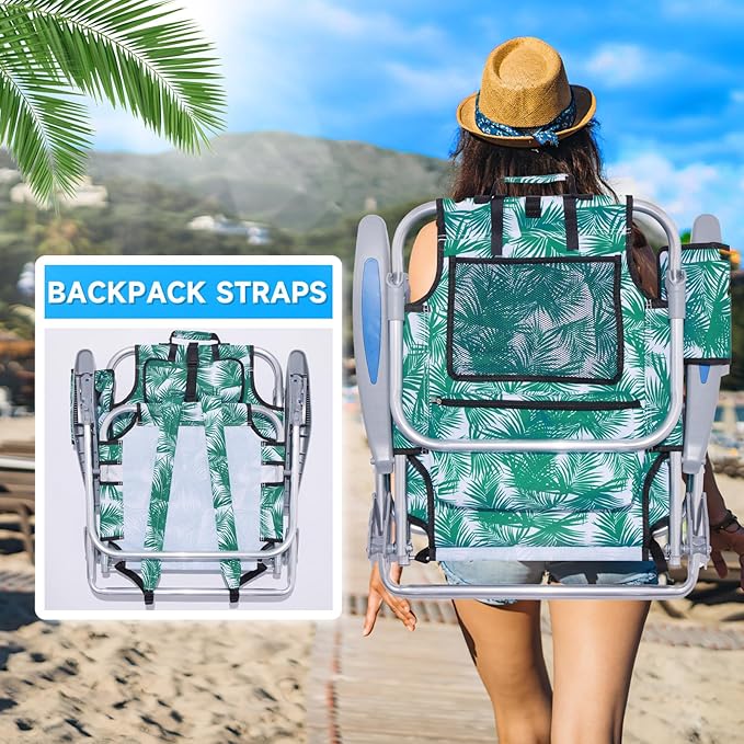2 Pack Lightweight Portable Camping Beach Chair for Adults, Outdoor Lay Flat Folding Beach Chairs with 5 Positions, Backpack Beach Chair with Towel Bar, Zipper Pouch, Cup Holder, Green Leaves