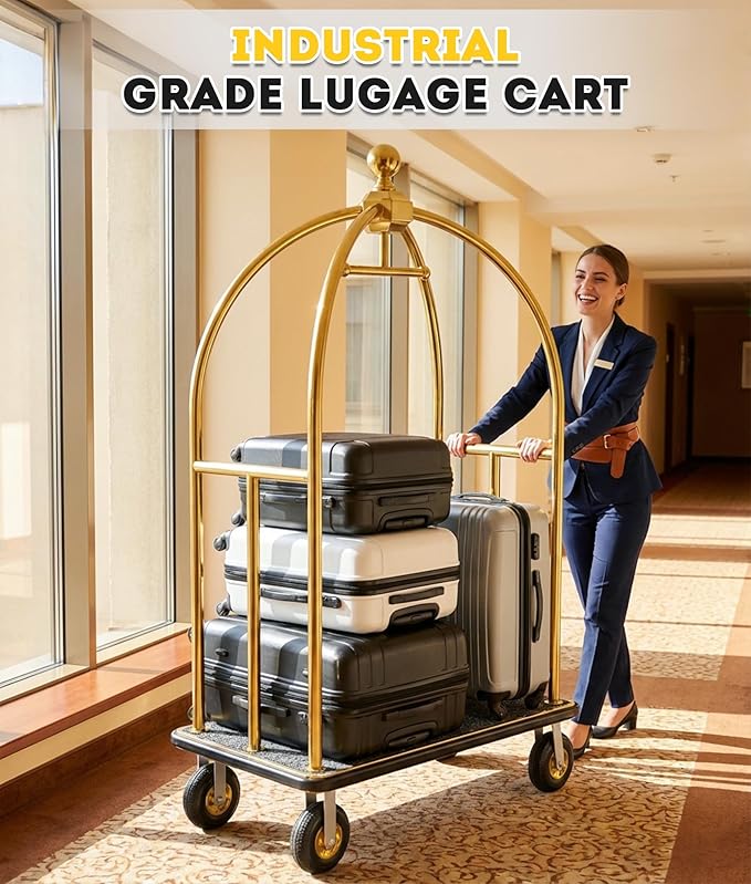 Hotel Luggage Cart Commercial Grade Brushed Stainless Steel, 900LBS Heavy Duty Bellman's Cart with 8" Rubber Wheels & Grey Carpeted Deck Luggage Trolley for Hotels Resorts (Gold, 74" X 42" X 25")