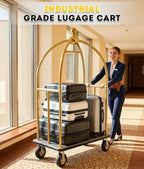 Hotel Luggage Cart, Brushed Stainless Steel Finish Bellman's Cart, Valet Cart with Grey Carpeted Deck and 8‘’ Rubber Wheels, Ideal for Hotels, Condos, Resorts, 1300Lbs Load (Gold, 42''L x 74''H)