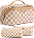 BOYATU Travel Makeup Bag Organizer Cosmetic Bag: 3 Pcs Set Make up Bags for Women with Handle - Waterproof Vegan Leather Toiletry Bag (01-G-Apricot)