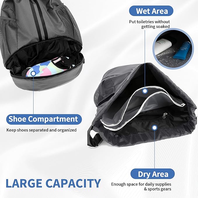 JELUTAR Drawstring Backpack Gym Bag with Shoes Compartment for Soccer, Basketball, Swim, Water-Resistant String Backpack Beach Cinch for Women Men, Dark Grey