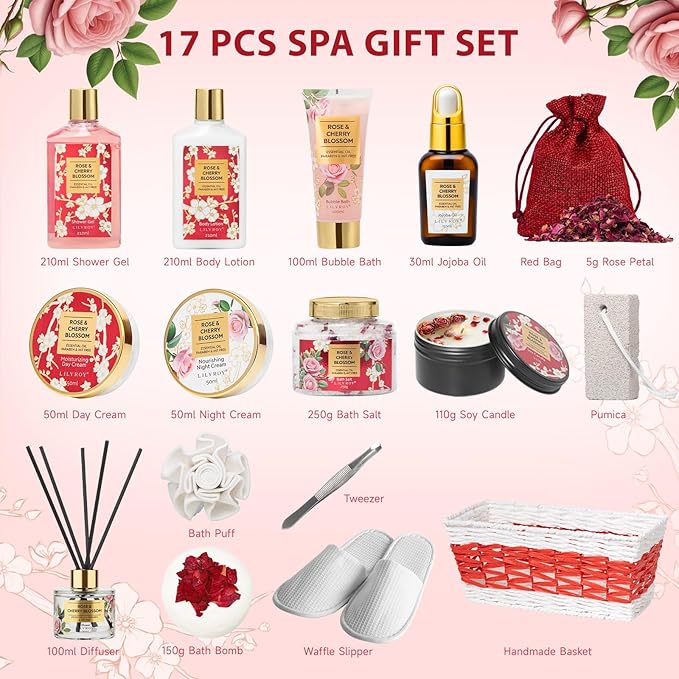 Gifts for Women, 17Pcs Mothers Day Gift Basket for Mom - Rose Bath and Body Spa Gift Basket, Skin Care Set for Women | Relaxing Care Kit for Christmas, Birthday, Valentines Day, Anniversary Gifts