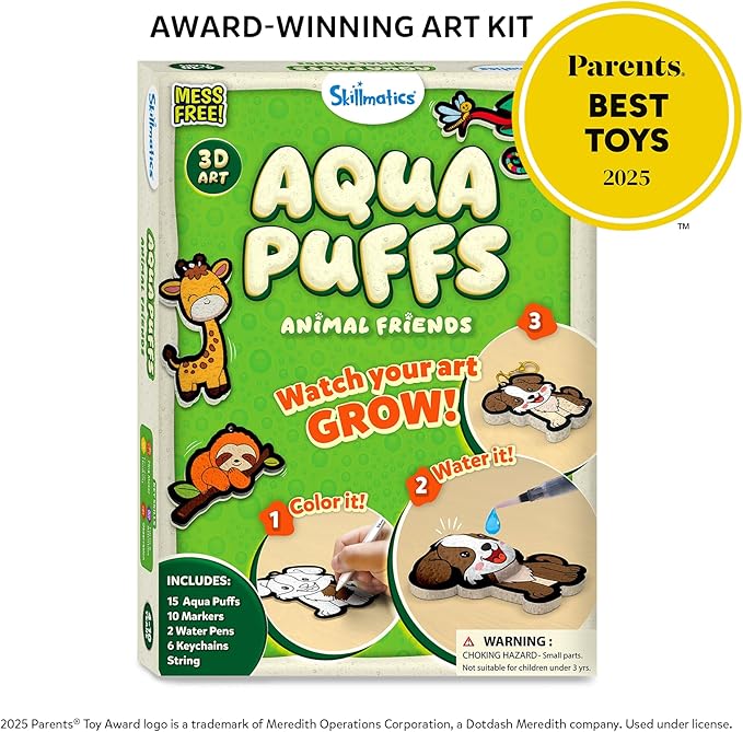 Skillmatics Aqua Puffs - 3D Art Kit, Animals, Mess-Free Paint by Number Craft for Kids, DIY Color Activity, Screen-Free Entertainment, Travel & Creative Gift for Girls & Boys Ages 4, 5, 6, 7, 8, 9, 10
