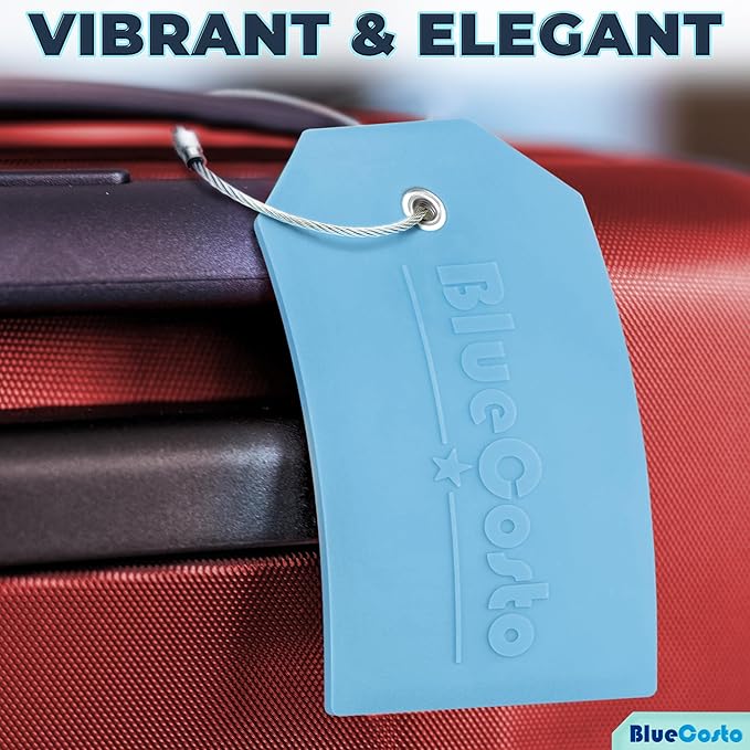 BlueCosto - Luggage Tags - Large, Blue, 5 PK - PVC Suitcase Tags w/Privacy Cover & Stainless Steel Wire Loops - Personalized Baggage Identifiers for Travel - Backpack Name Labels